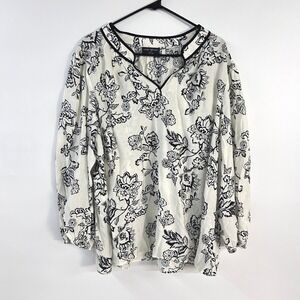 Boho Romantic Floral Tunic 22/24 Black White Peasant Blouse Lane Bryant Flowy